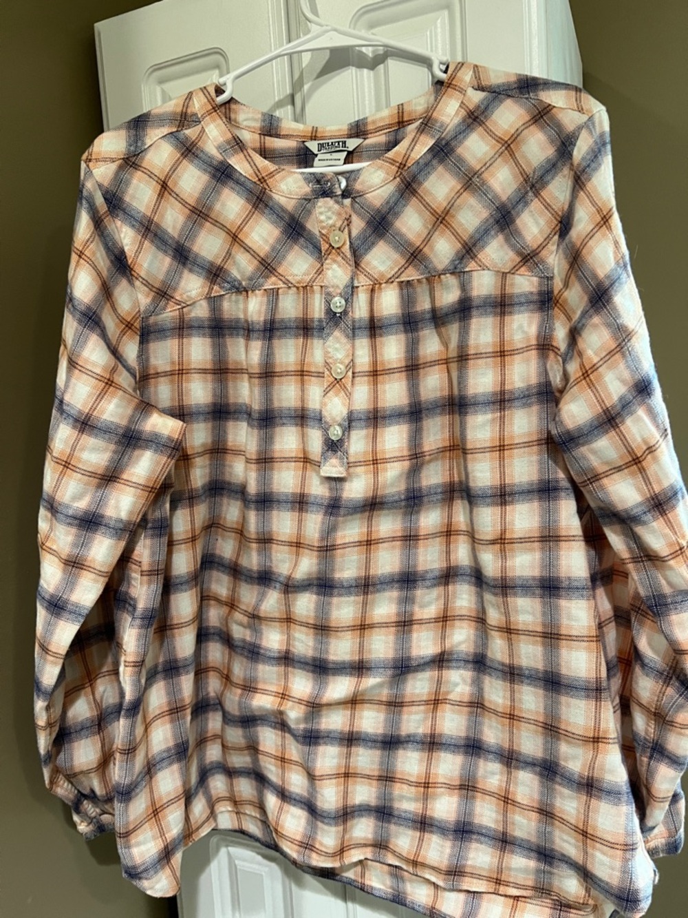 Duluth Trading Co Plaid Henley Tunic — White, Blue, Brown